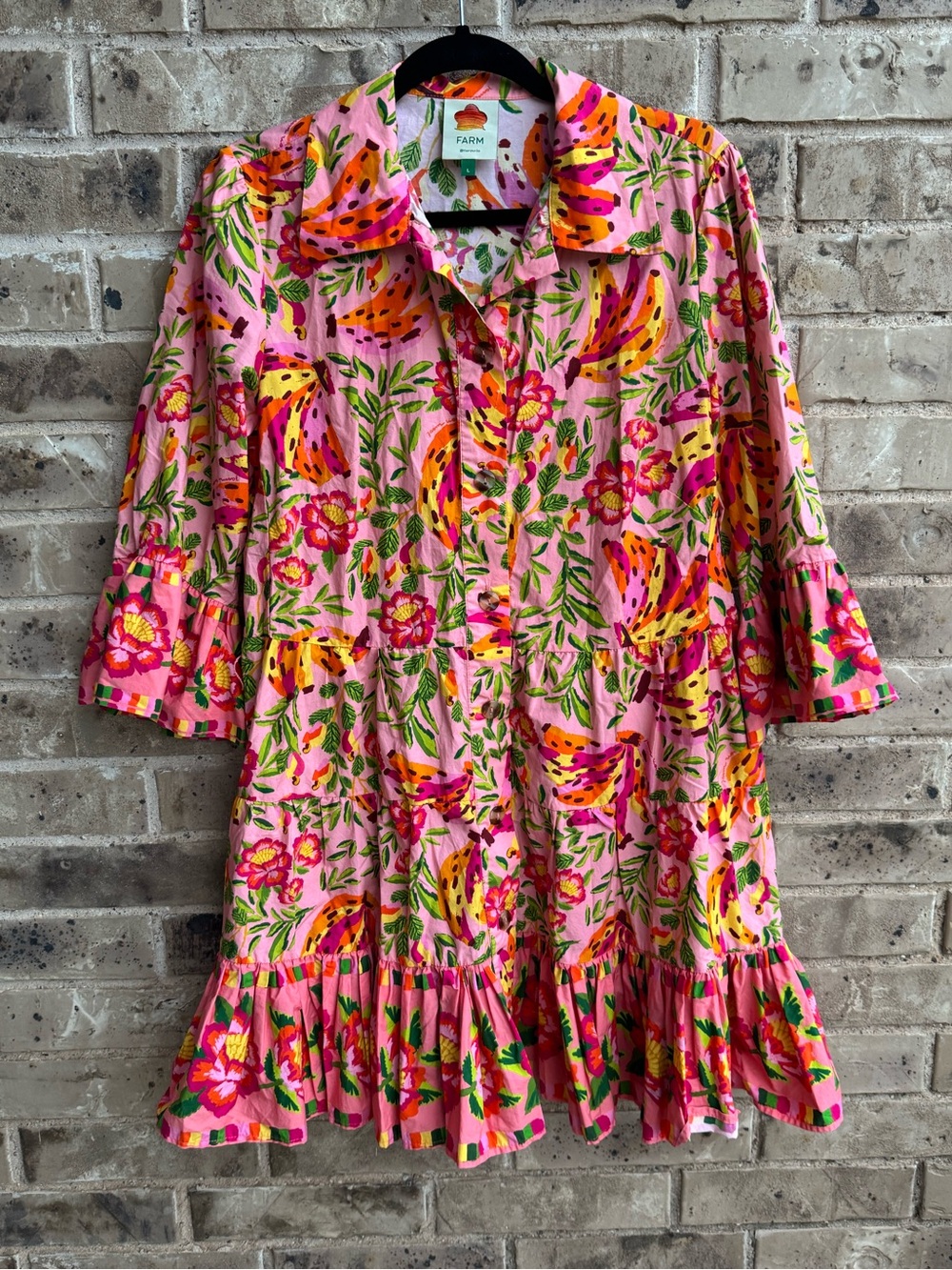 Farm Rio Painted Bananas Ruffle Shirt Midi Dress Size Large - Picture 2 of 14